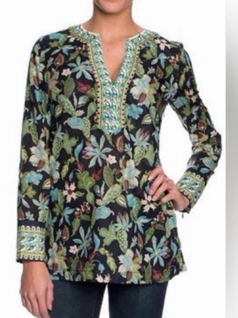 Tory Burch Garden Wisteria Tunic Top Embellished Beadwork Zip Cuffs- Size 4
